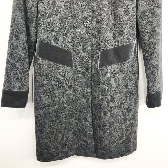 Coldwater Creek Gray Floral Pattern Velvet Trim Long Statement Blazer Jacket - Picture 4 of 16